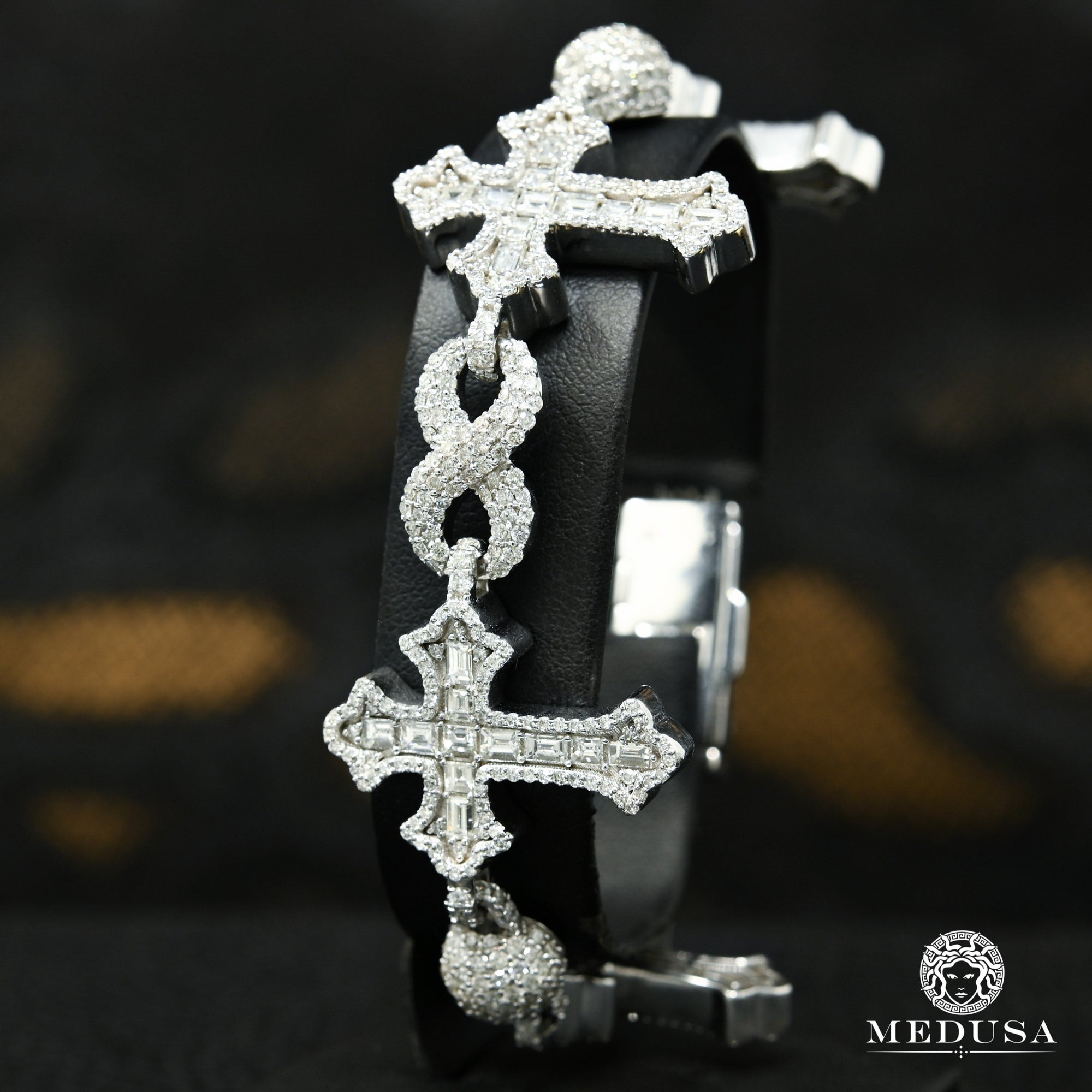 Bracelet à Diamants en Or 10K | Homme 10mm Cross Emerald Diamant Blanc