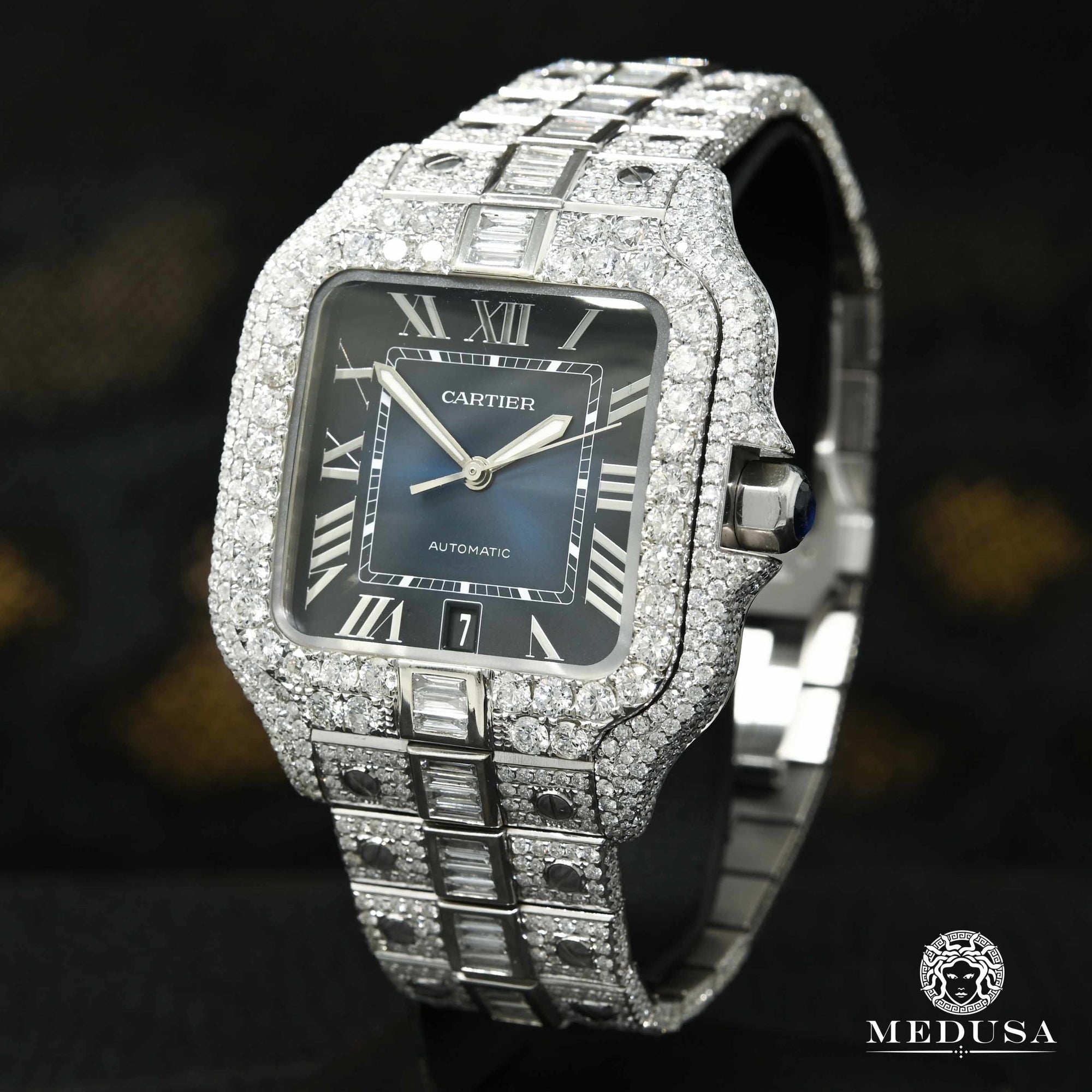 Cartier watch | Cartier Santos 100 XL 40mm Men's Watch - Blue Baguette Full Iced Stainless