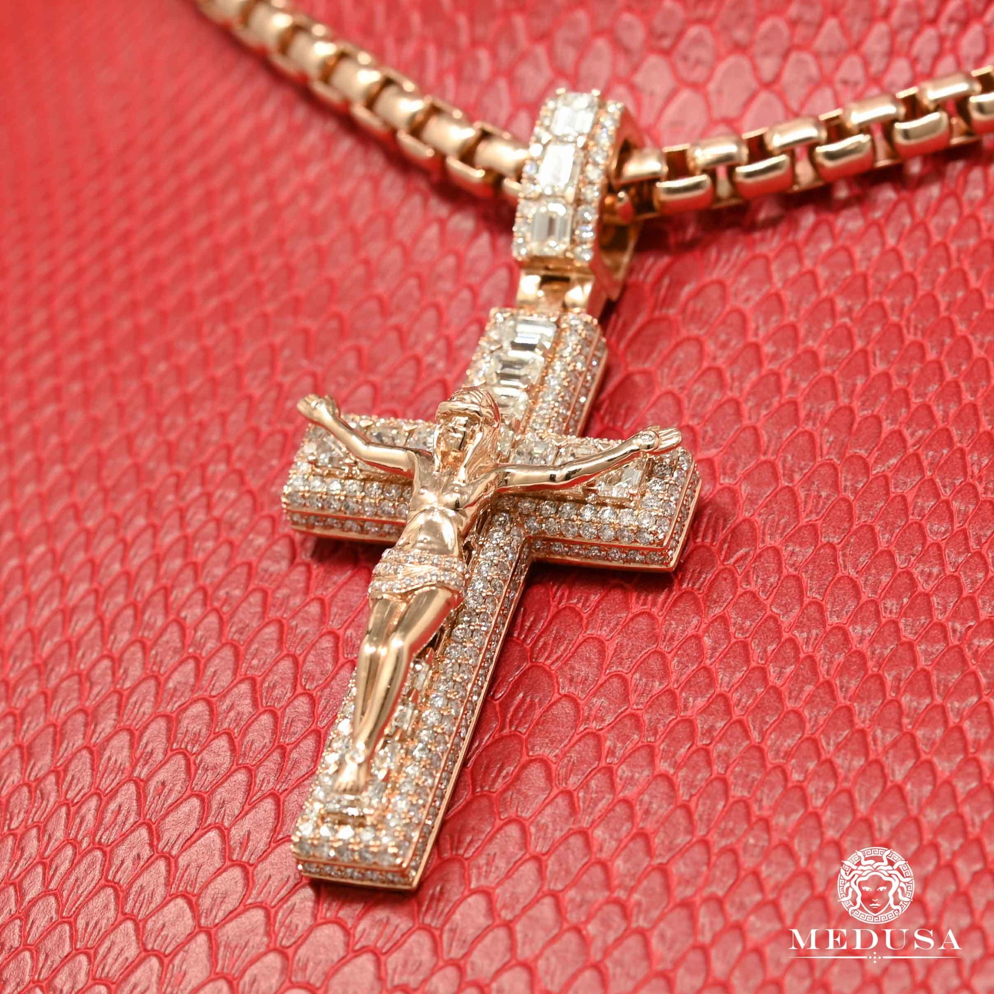 Pendentif à Diamants en Or 14K | Croix Crucifix D2 - Diamant Rose