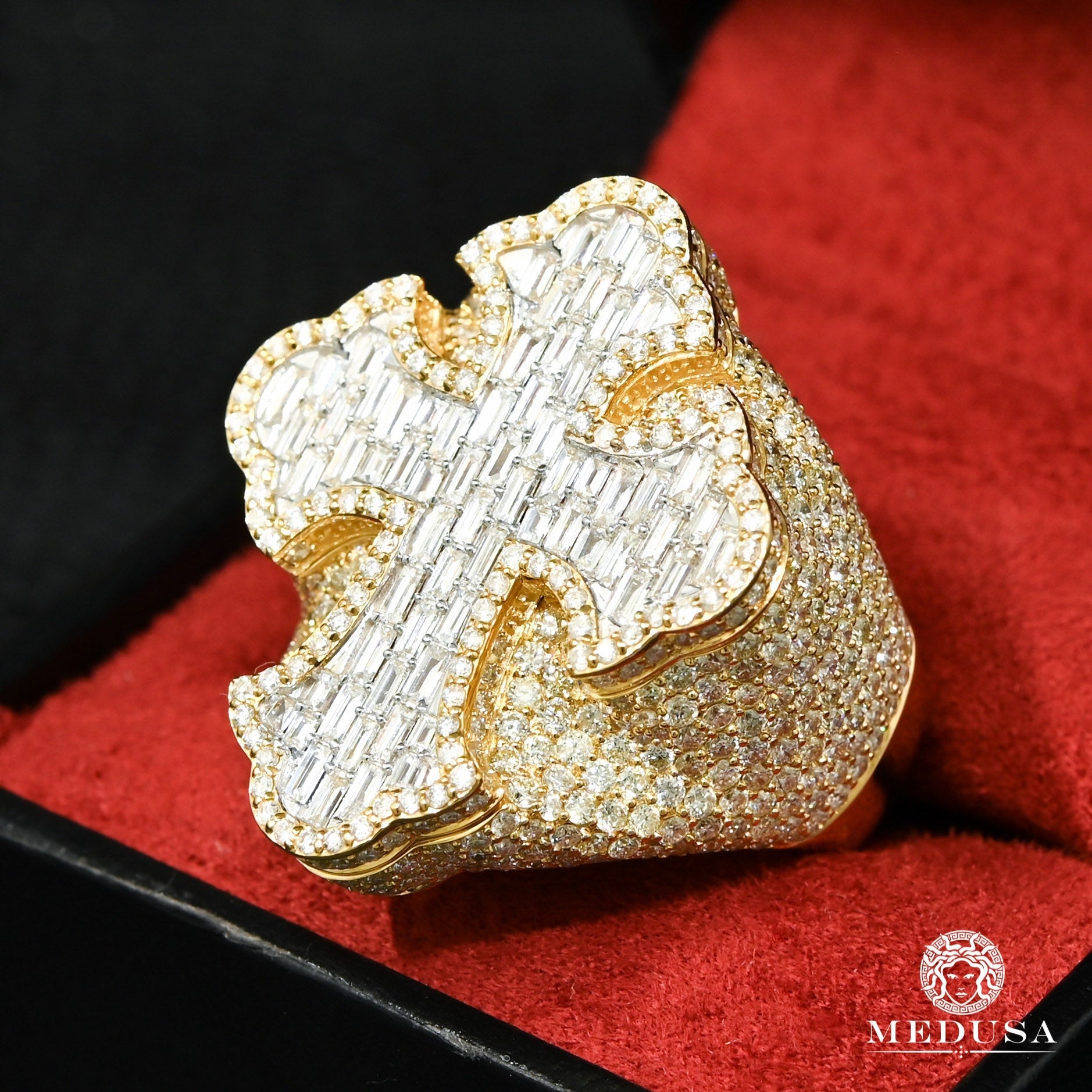 14K Gold Diamond Ring | Luxurious Men's Ring D17 - Cross Yellow Gold