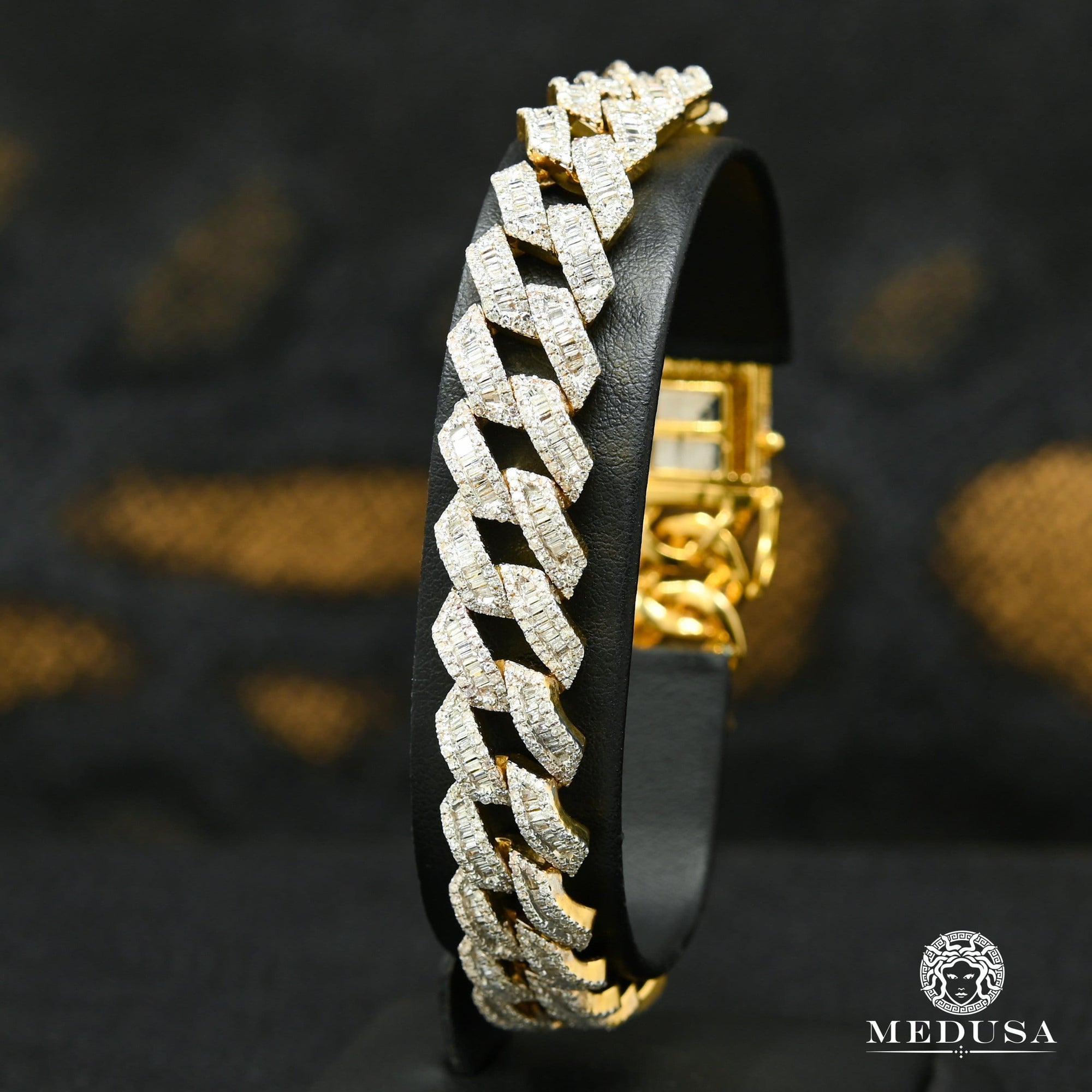 14K Gold Diamond Bracelet | Men's Bracelet 10mm Cuban Baguette Bracelet 8'' / Yellow Gold