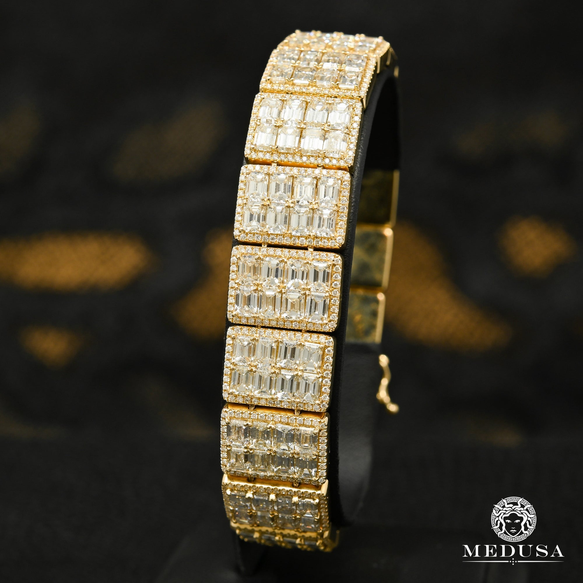 14K Gold Diamond Bracelet | Men's Bracelet 17mm Square Emerald Yellow Gold Tennis Bracelet