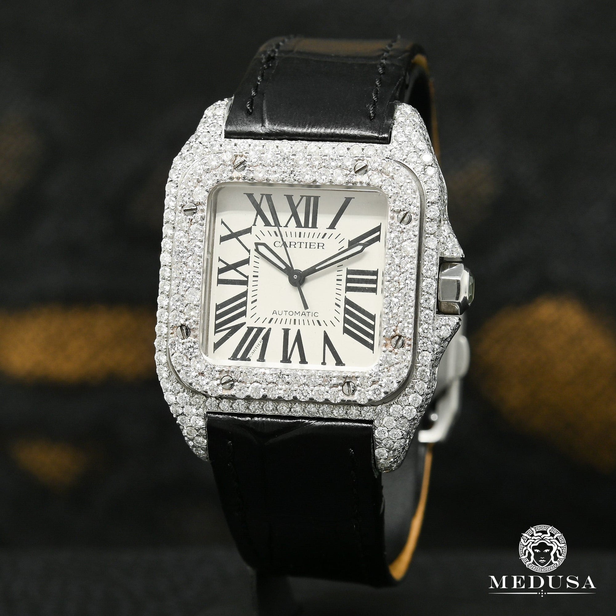 Montre Cartier | Homme 35mm Santos 100 Iced - Black Leather Stainless