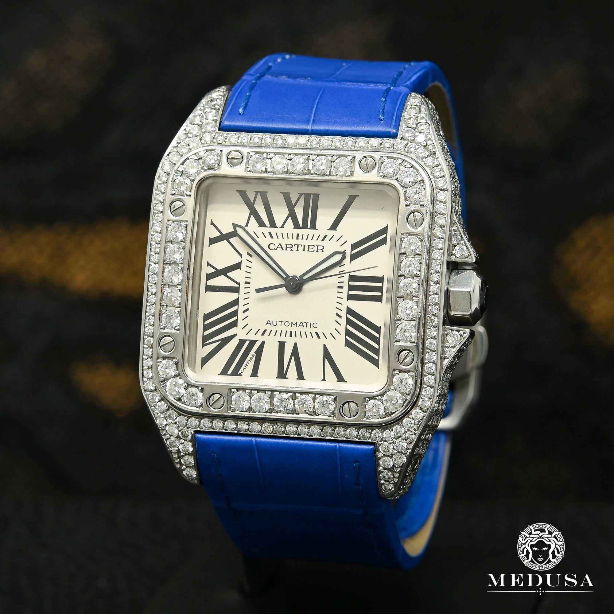 Cartier watch | Cartier Santos 100 Iced 40mm Men's Watch - Blue Crocodile Stainless