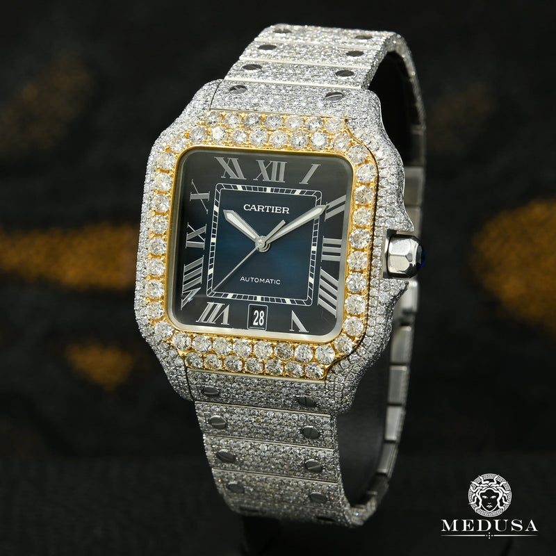 Cartier watch | Cartier Santos 100 XL 40mm Men&#39;s Watch - Blue Full Iced Gold 2 Tones