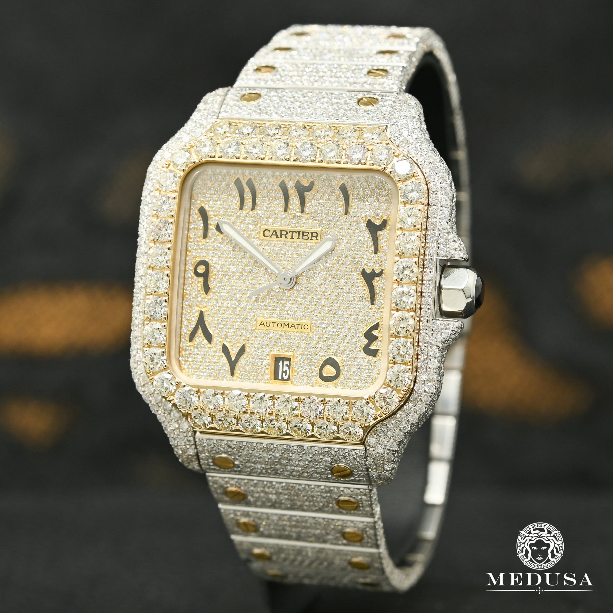 Cartier watch | Men's Watch 40mm Cartier Santos 100 XL - Full Arabic Dial Iced Gold 2 Tones
