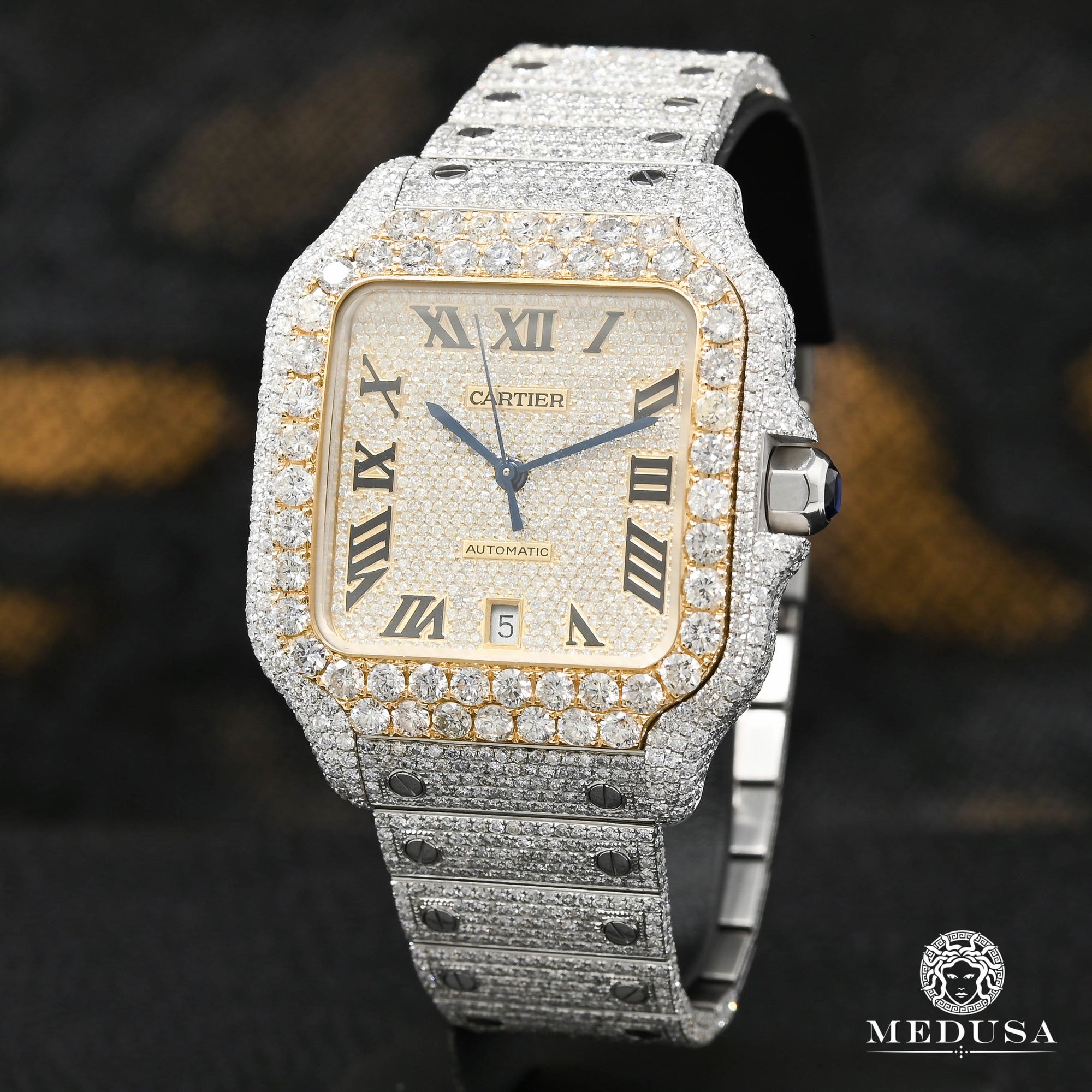 Cartier watch | Men's Watch 40mm Cartier Santos 100 XL - Full Dial Iced Gold 2 Tones