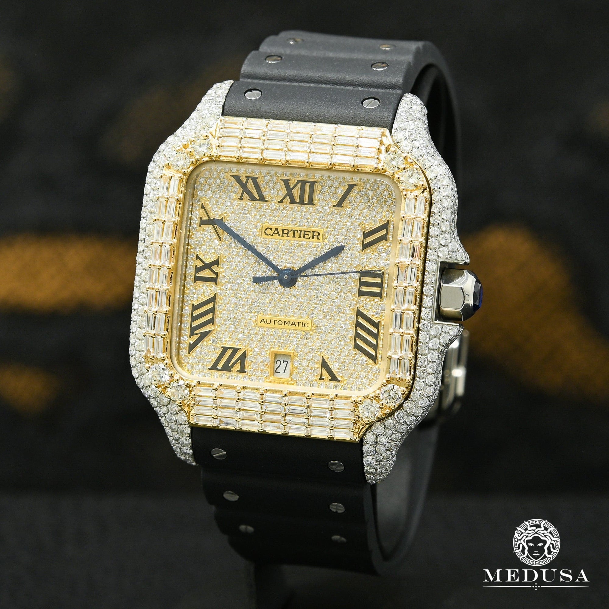 Cartier watch | Cartier Santos 100 XL 40mm Men's Watch - Rubber Iced Emerald Cut Gold 2 Tones