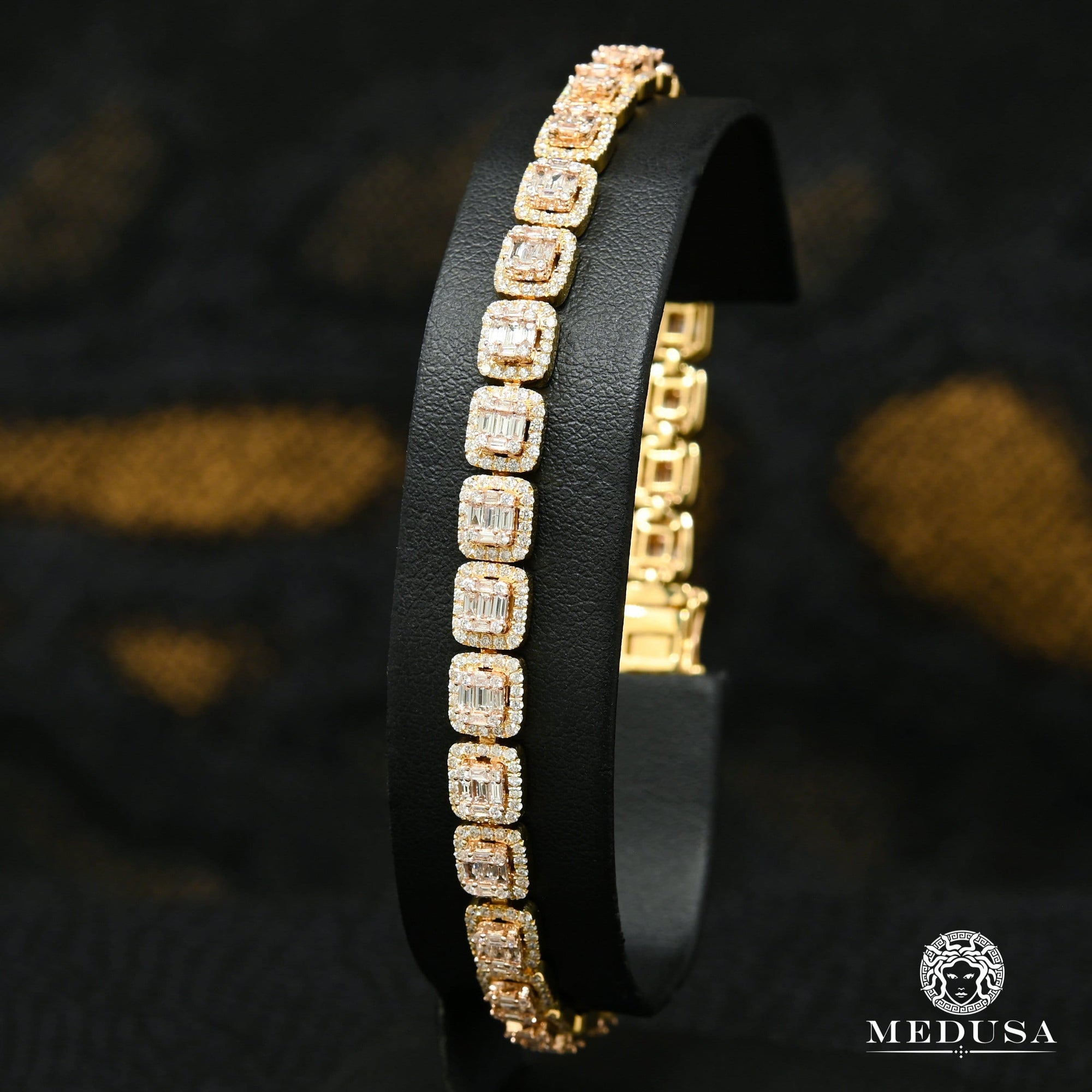14K Gold Diamond Bracelet | Men's Bracelet 6mm Yellow Gold Tennis Square Baguette Bracelet