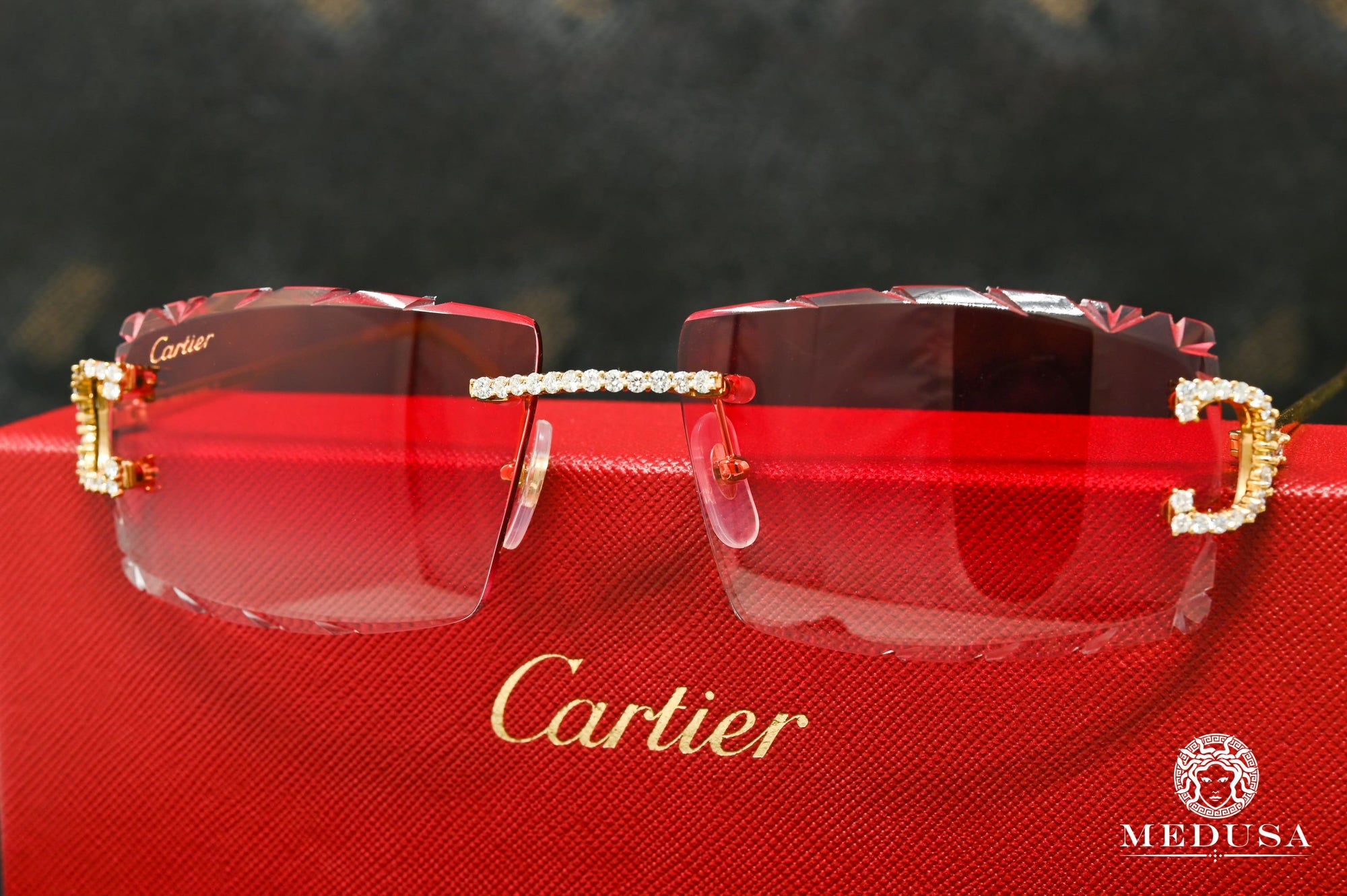 Cartier glasses | Cartier C Men's Glasses | Gold & Red Diamond Cut Lenses Yellow Gold