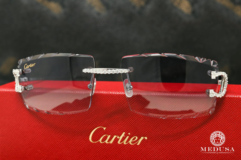 Cartier glasses | Cartier C Men&#39;s Glasses | Silver &amp; Black Diamond Cut Lenses White Gold