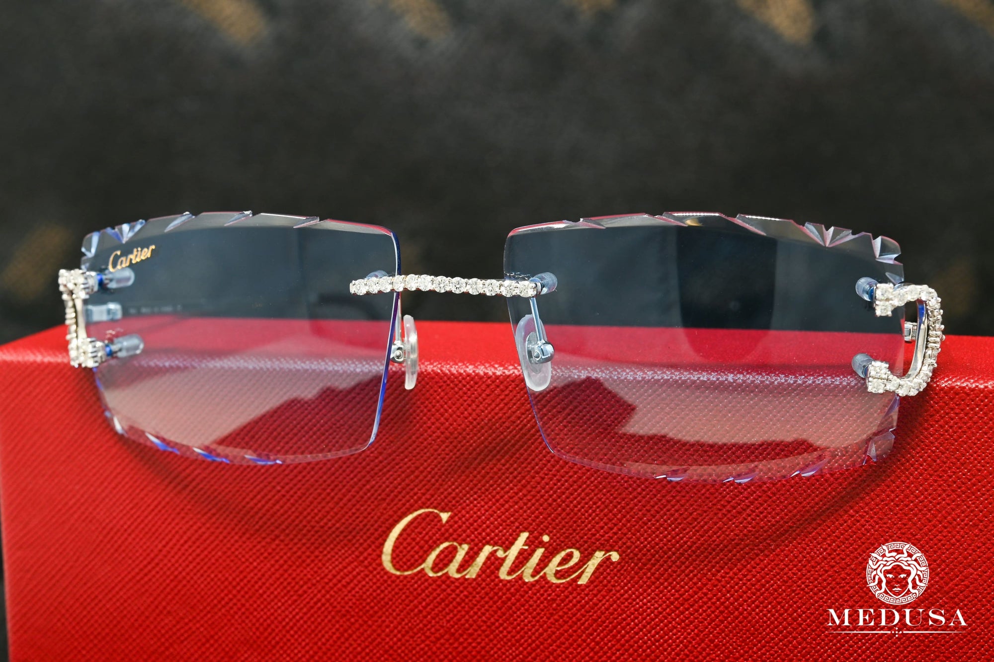 Lunette Cartier | Lunette Homme Cartier C | Silver & Blue Diamond Cut Lenses Or Blanc