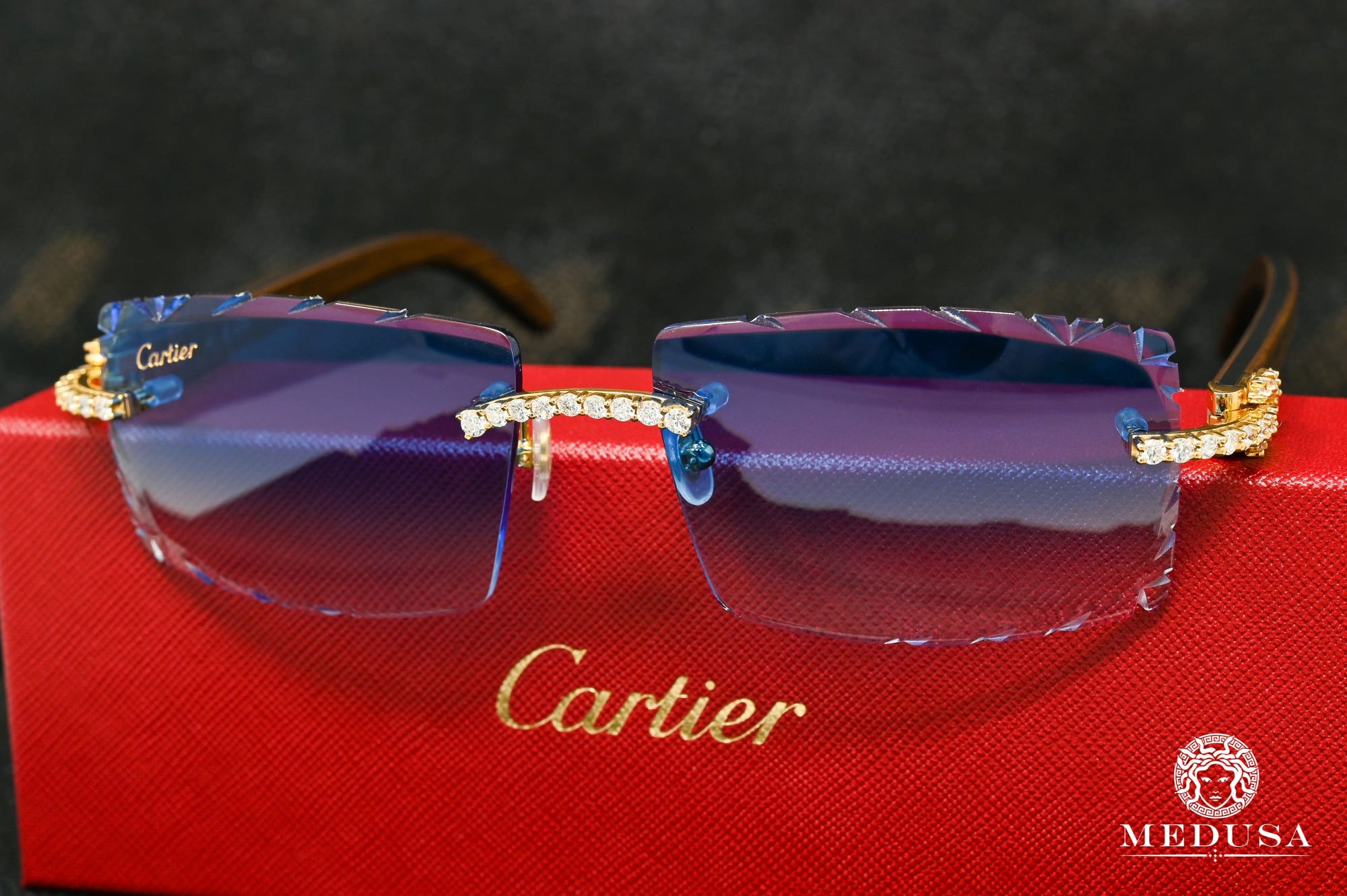 Cartier glasses | Cartier Signature C Men's Glasses | Wood & Blue Diamond Cut Lenses Yellow Gold