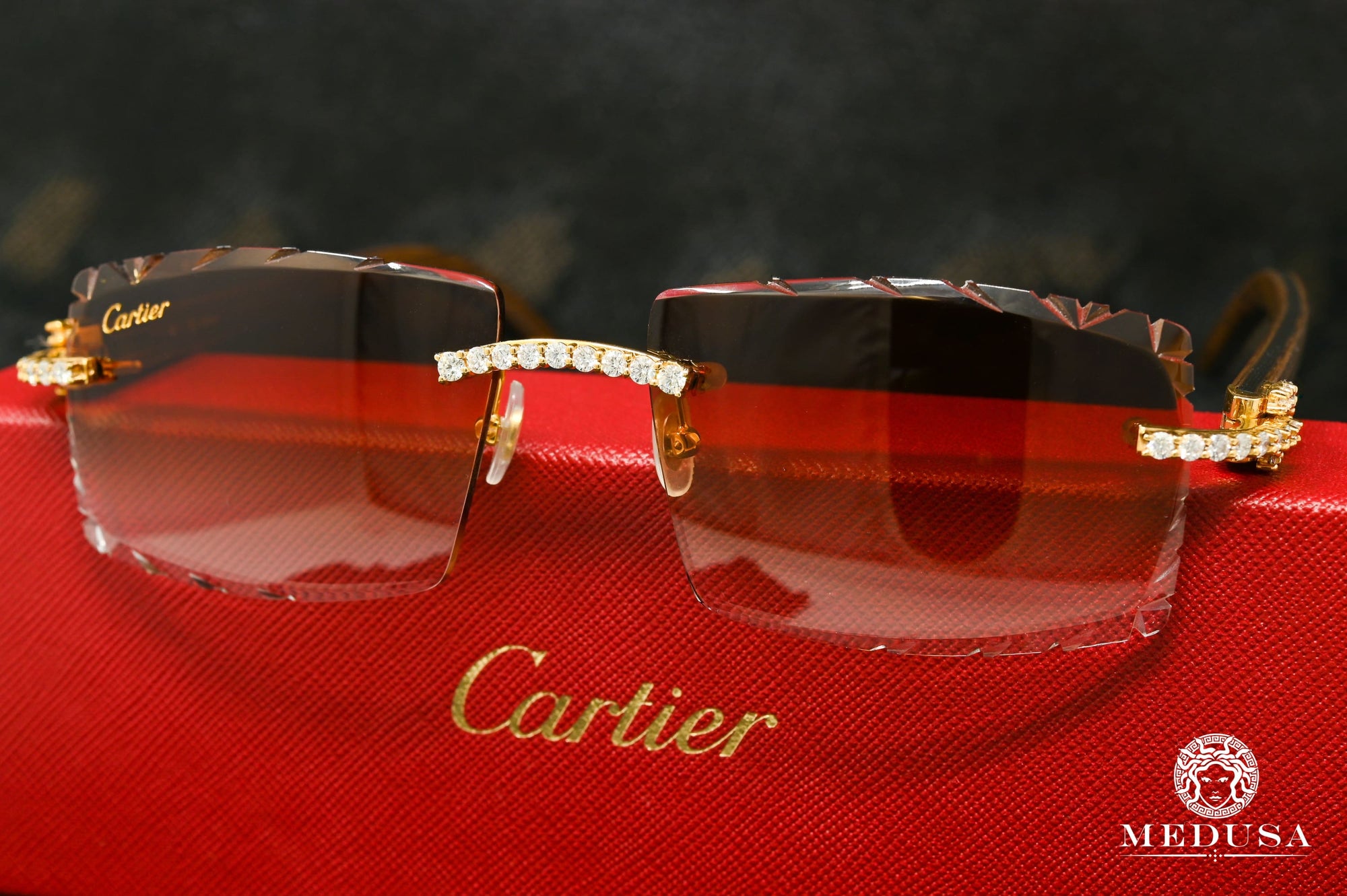 Lunette Cartier | Lunette Homme Cartier Signature C | Wood & Brown Diamond Cut Lenses Or Jaune
