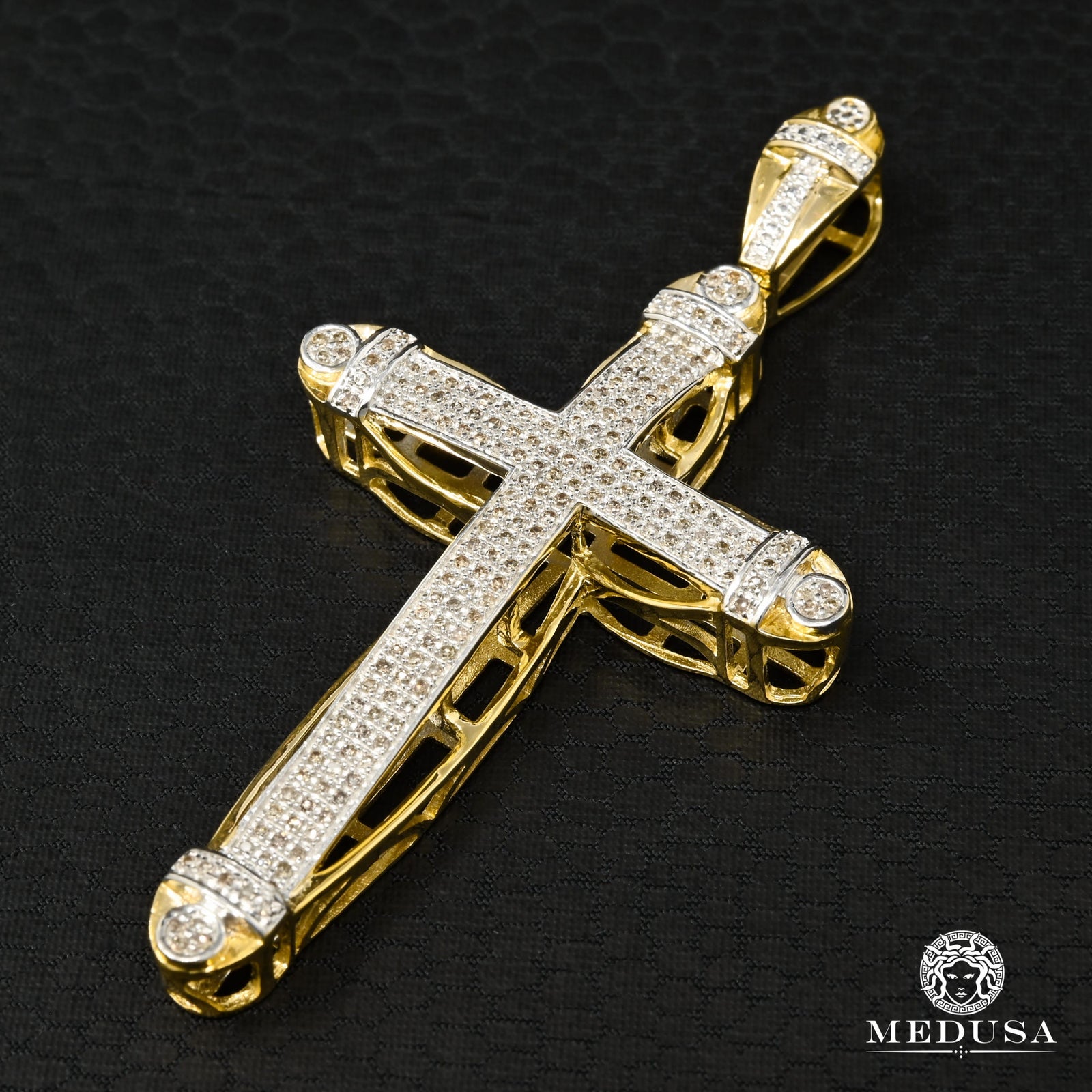 10K Gold Diamond Pendant | D8 Crystal Cross Pendant - 2 Tone Gold Diamond