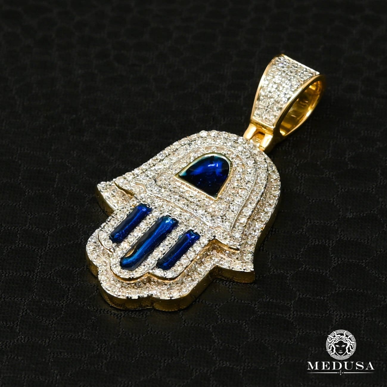 14K Gold Diamond Pendant | Divers Khamsa D8 Pendant - Blue Diamond / Yellow Gold