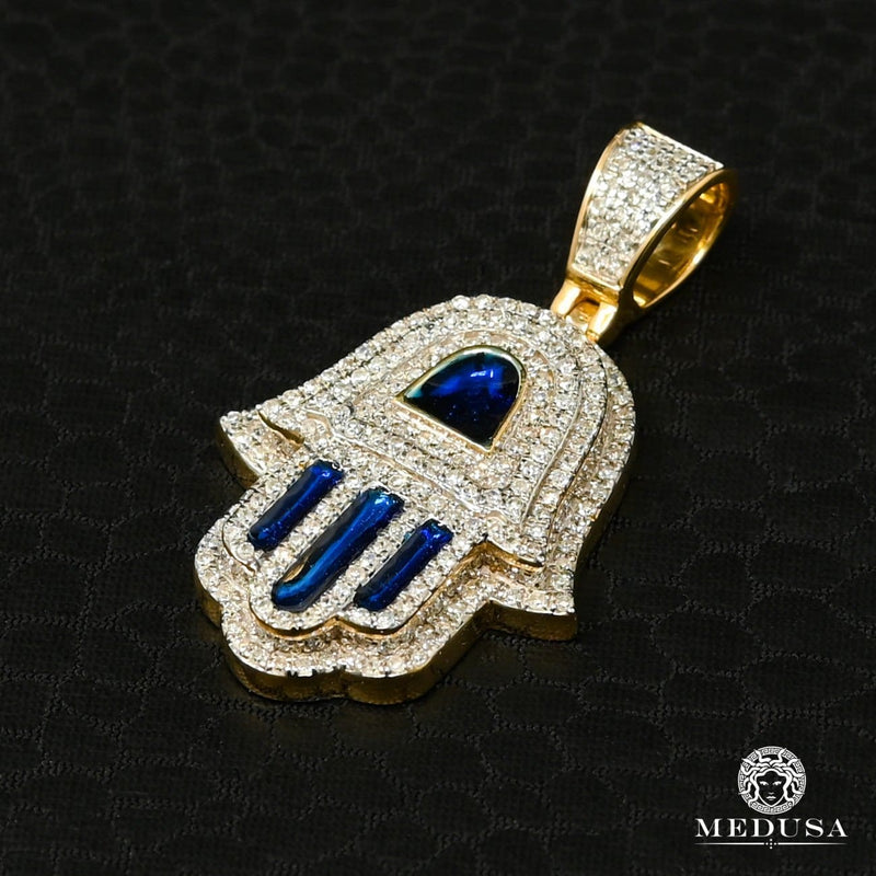 14K Gold Diamond Pendant | Divers Khamsa D8 Pendant - Blue Diamond / Yellow Gold