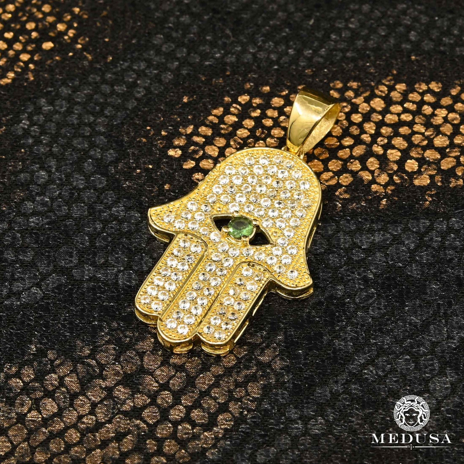 10K Gold Pendant | Pendant Divers Khamsa X3 Yellow Gold / Emerald