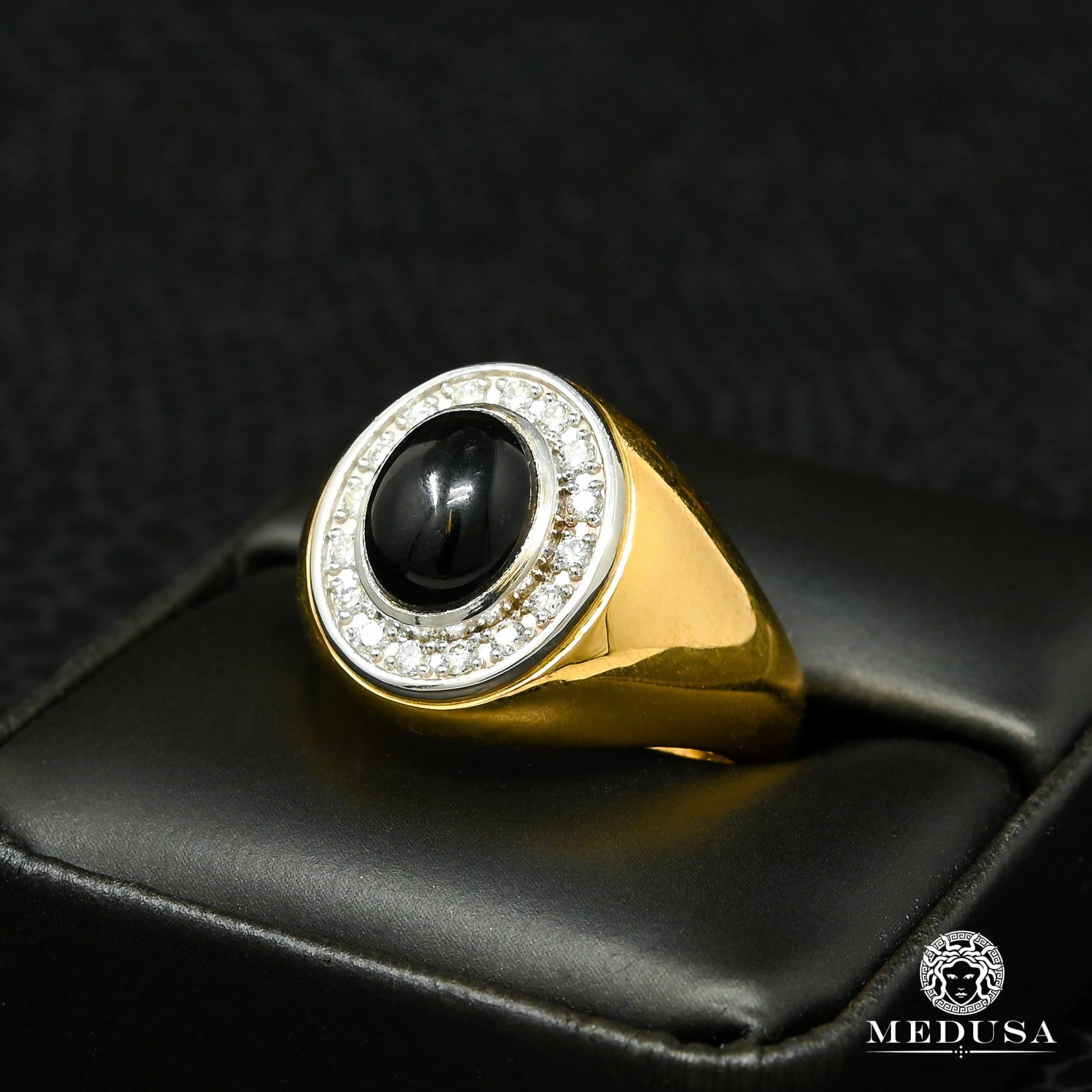 10K Gold Diamond Ring | Men's Ring Mirror D4 - Onyx 10K / Yellow Gold