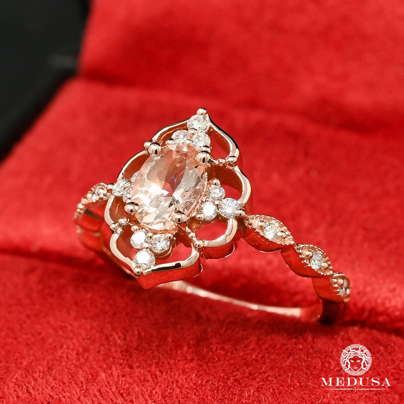 14K Gold Diamond Ring | Women's Ring Morganite D10 - Rose Gold Diamond