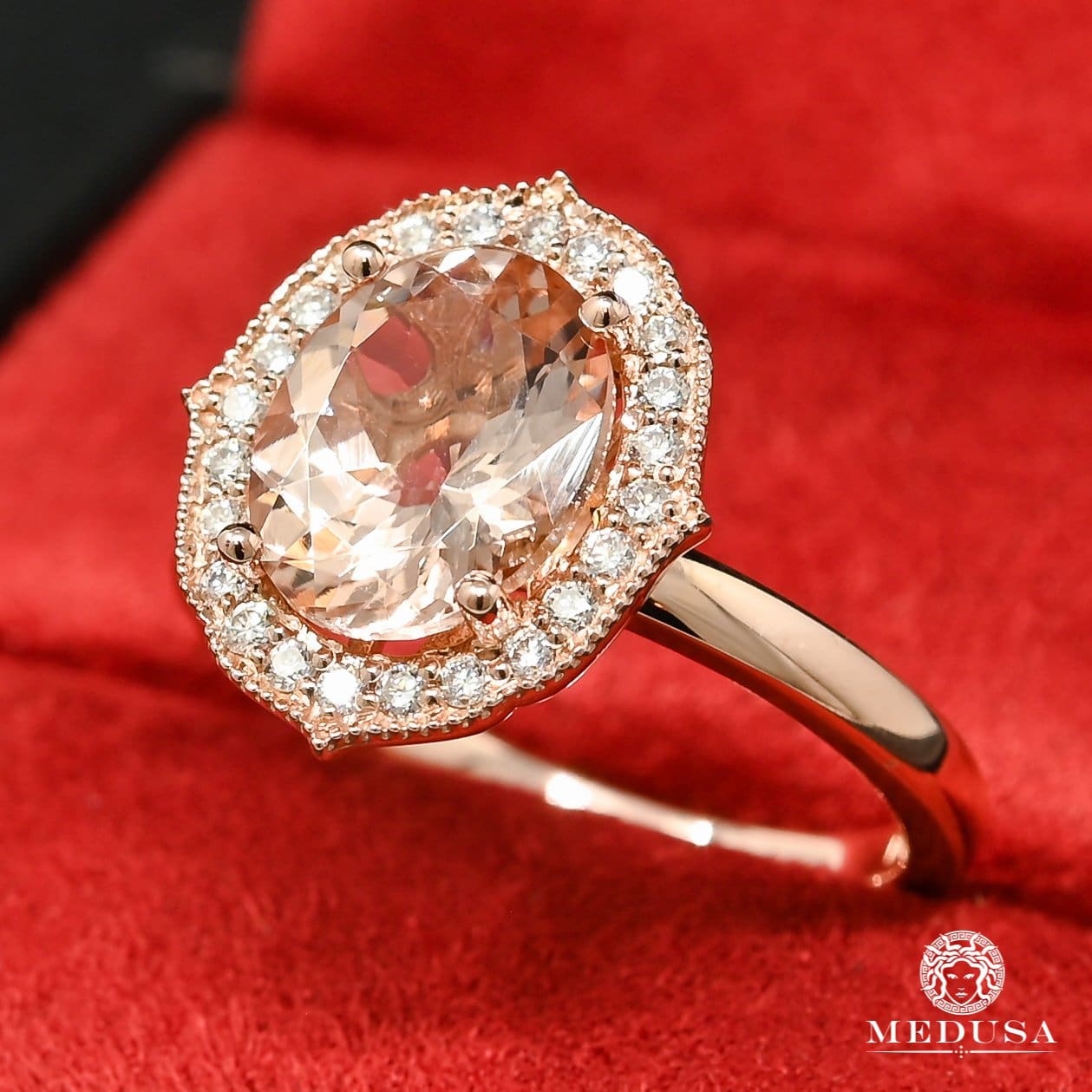 14K Gold Diamond Ring | Women's Ring Morganite D9 - Rose Gold Diamond