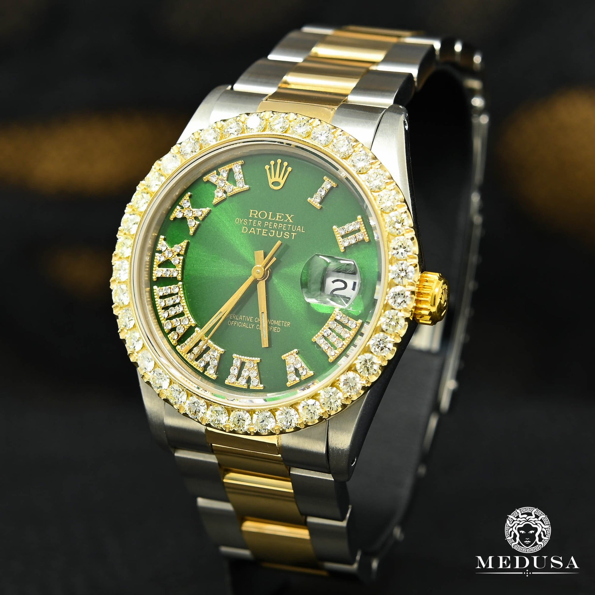 Montre Rolex | Montre Homme Rolex Datejust 36mm - Oyster Vert Romain Or 2 Tons
