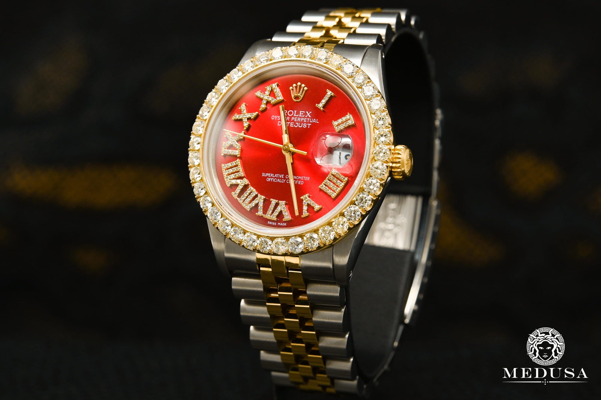 Montre Rolex | Montre Homme Rolex Datejust 36mm - Rouge Chiffre Romain Or 2 Tons