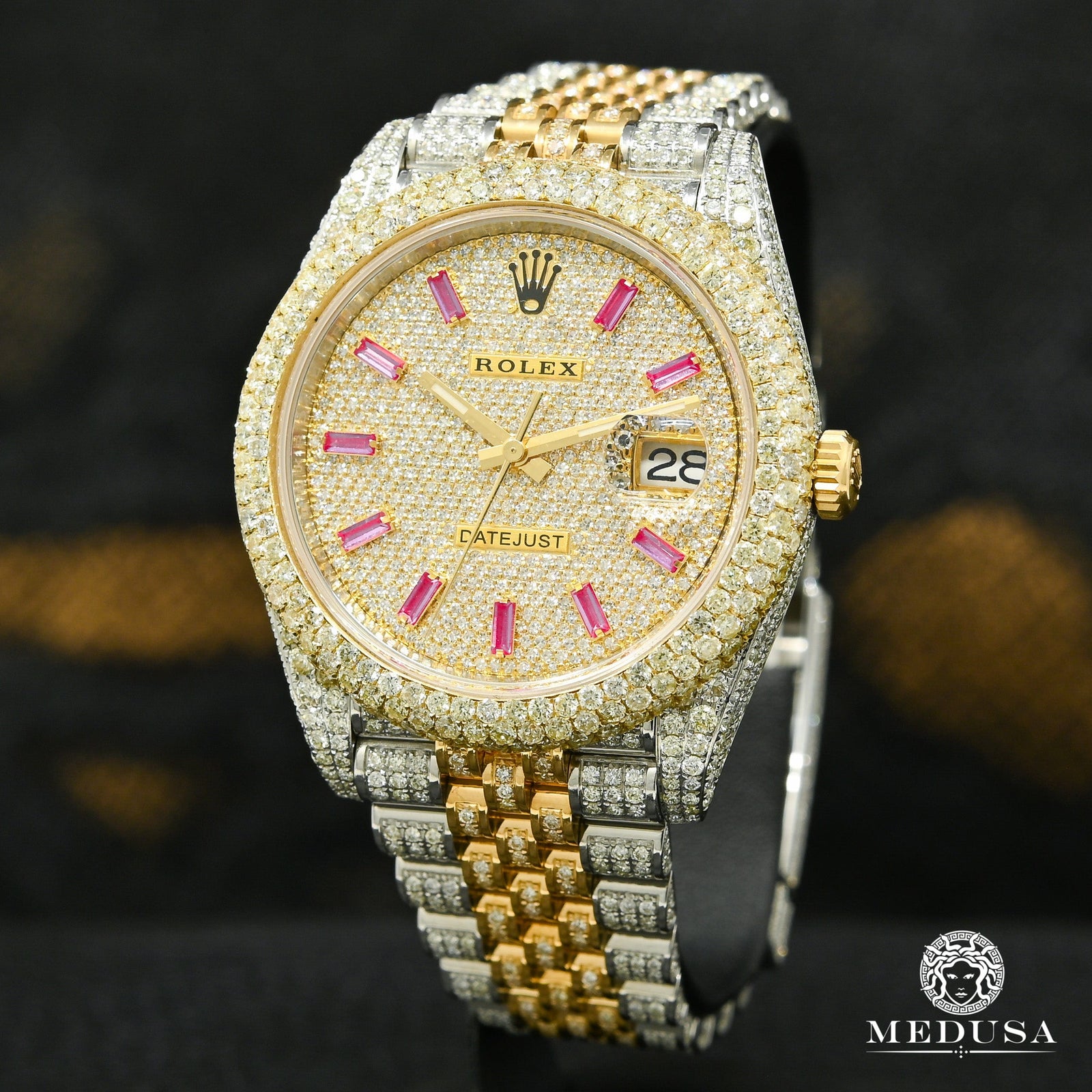 Rolex watch | Rolex Datejust Men's Watch 41mm - 2 Tones Full Honeycomb Ruby Baguette Gold 2 Tones