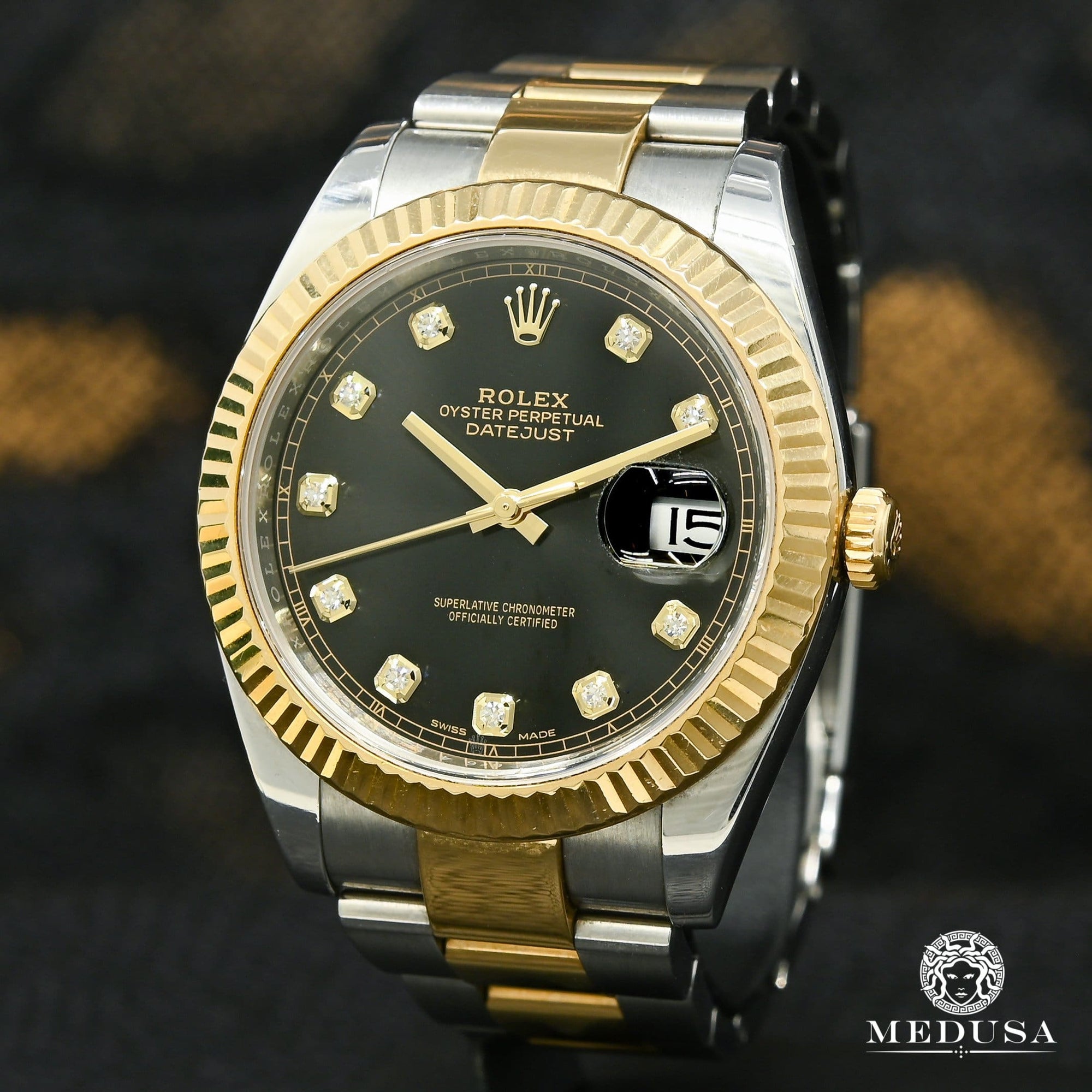 Rolex watch | Men's Rolex Datejust Watch 41mm - Black Factory Diamond Gold 2 Tones
